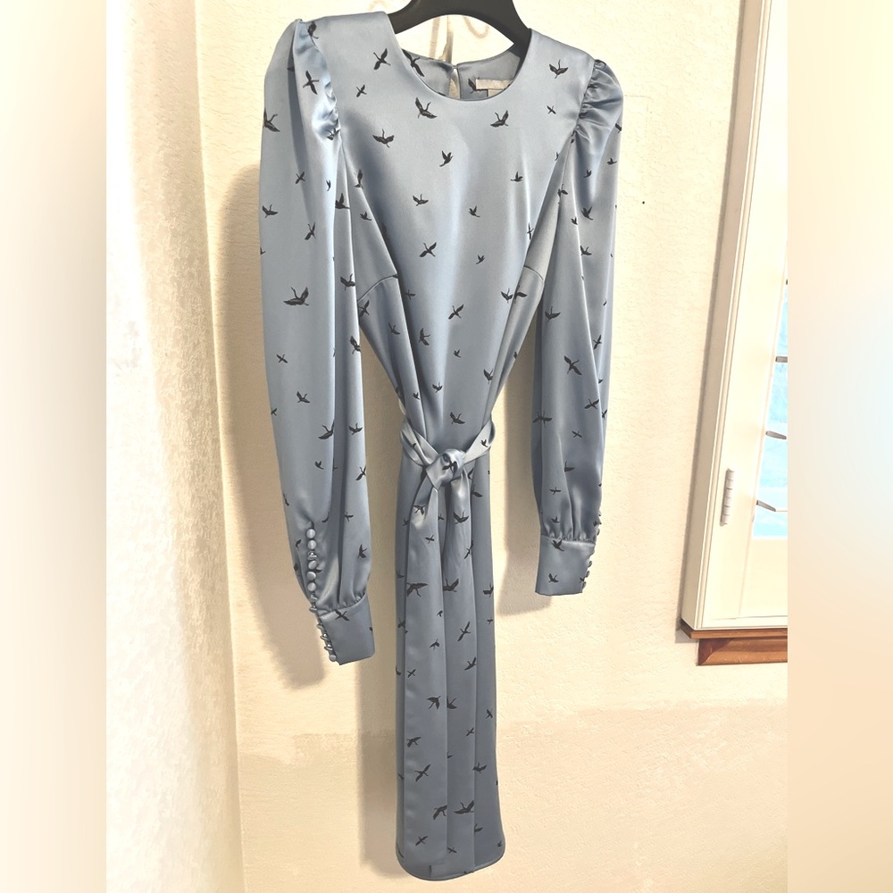 H&M cornflower blue silky bird print dress
